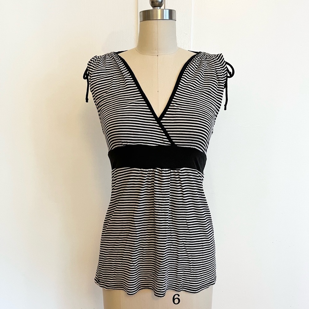 Ella Moss Striped Top Ruched at Shoulders with Ties